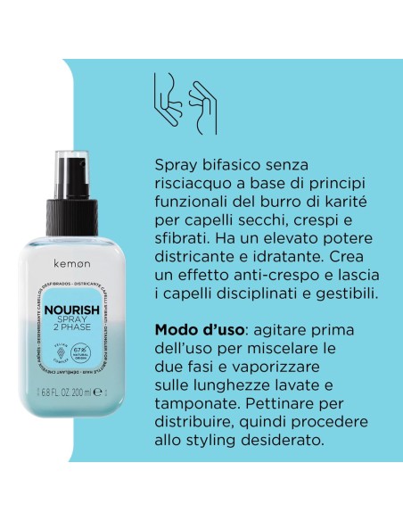Kemon - Spray Desenredante para Cabellos Desfibrados Hair Care Nourish Spray 2 Phase 200 ml